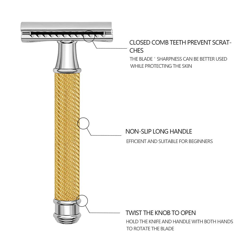 Premium Single Blade Safety Razors, Double Edge Razor Blade, Shaving Razors for Men with Razor Stand and 5 Platinum Blades