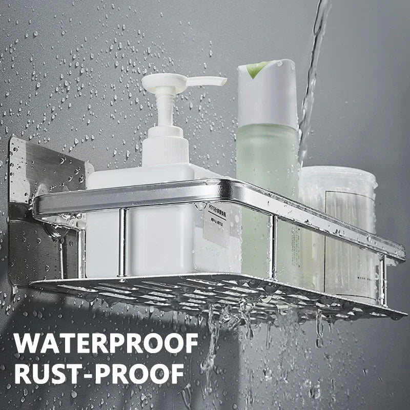 No-Drill Corner Shower Shelf – Wall Mounted Bathroom Storage Rack