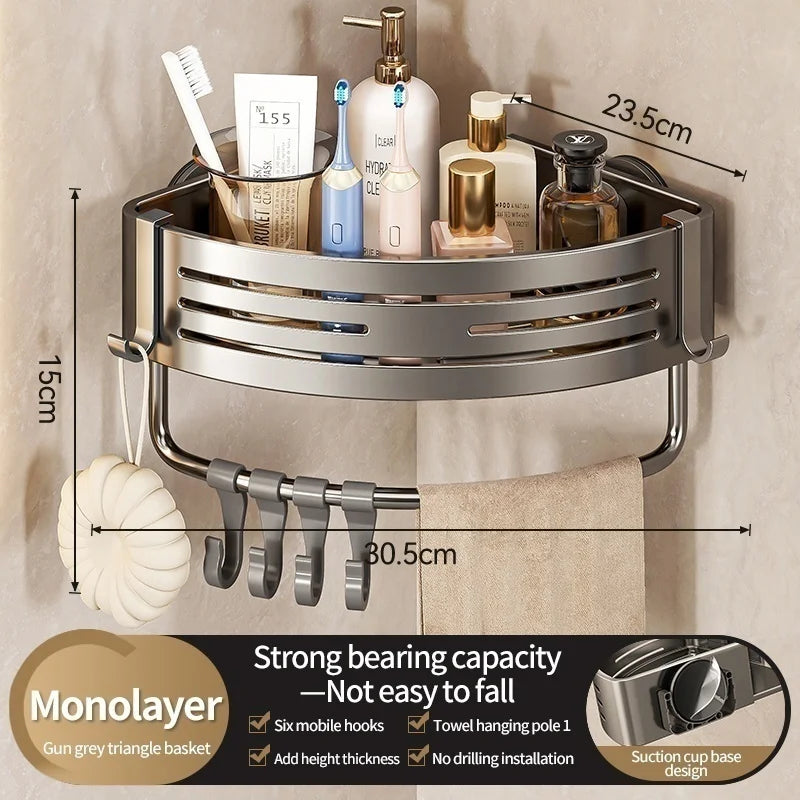 No-Drill Corner Shower Shelf – Suction Cup Aluminum Bathroom Organizer