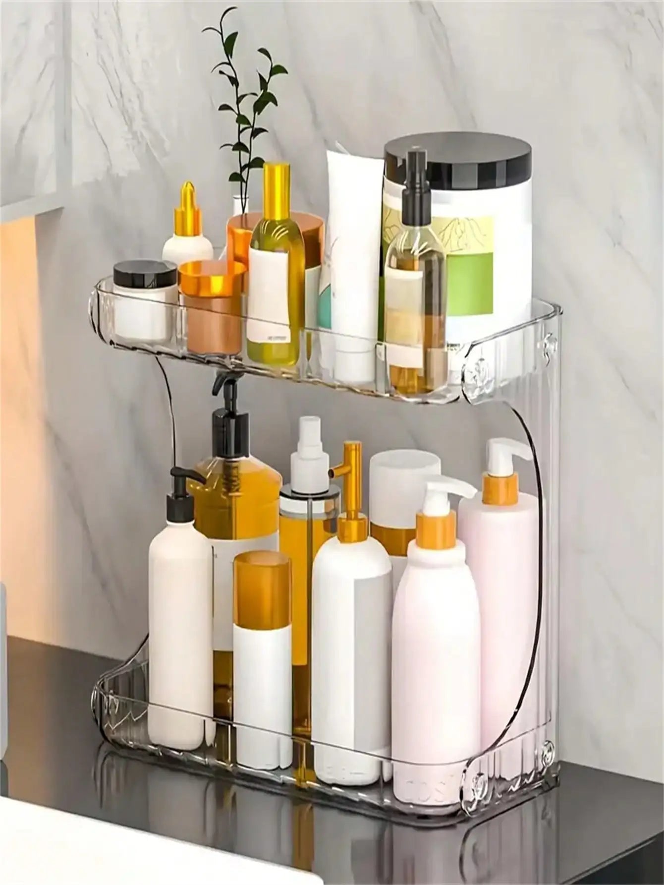 2-Tier Transparent Desktop Cosmetic Organizer with Wheels