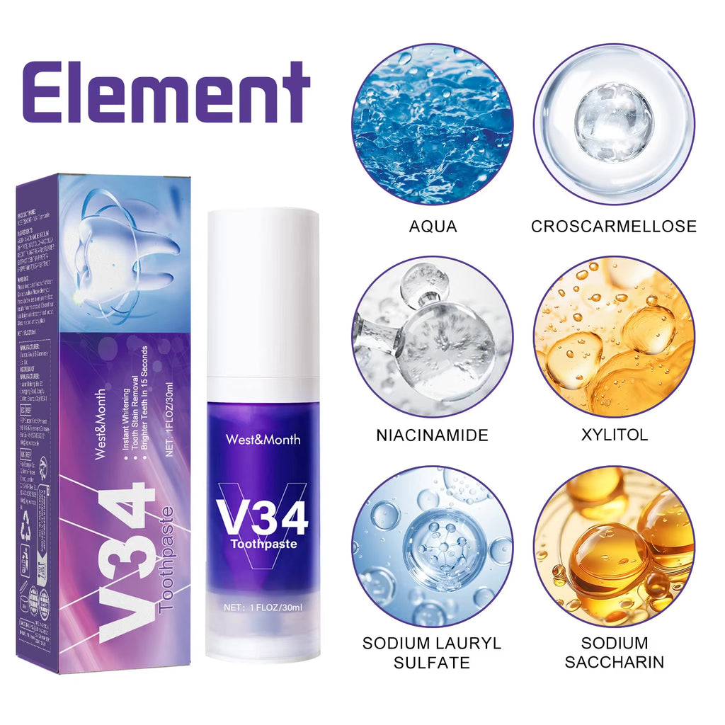 V34 Teeth Whitening Toothpaste – Stain Remover for Yellow Teeth & Fresh Breath