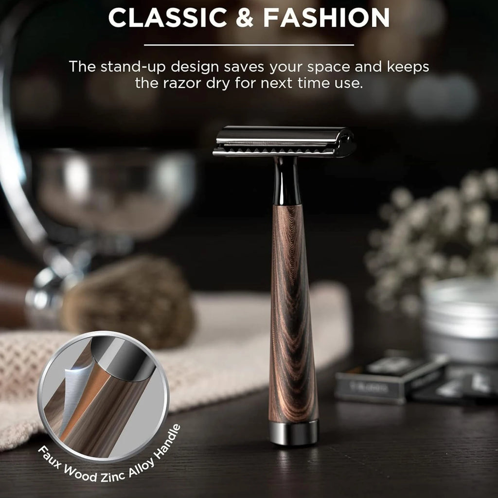 Double Edge Safety Razor, Zinc Alloy Handle Razor with 5 Swiss Stainless Steel Blades, Heavy Duty Eco-Friendly Razor F