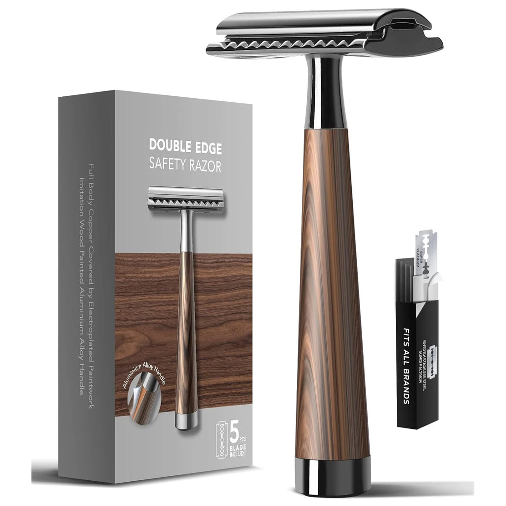 Double Edge Safety Razor, Zinc Alloy Handle Razor with 5 Swiss Stainless Steel Blades, Heavy Duty Eco-Friendly Razor F