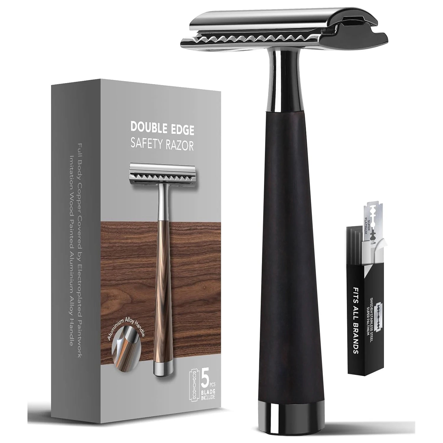 Double Edge Safety Razor, Zinc Alloy Handle Razor with 5 Swiss Stainless Steel Blades, Heavy Duty Eco-Friendly Razor F