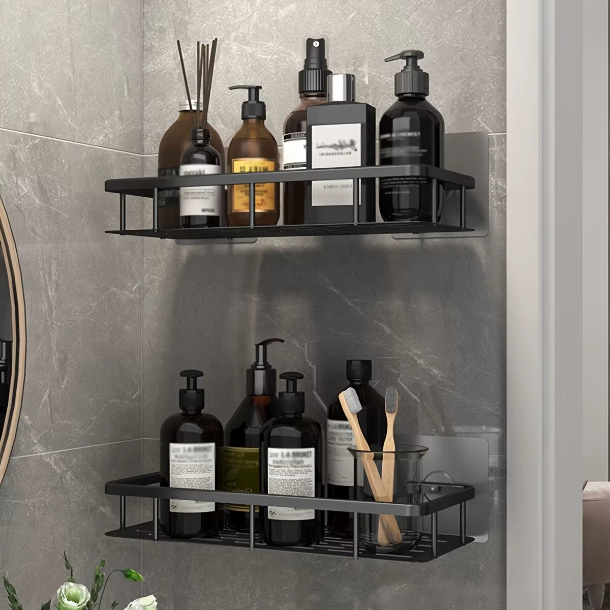 No-Drill Corner Shower Shelf – Wall Mounted Bathroom Storage Rack