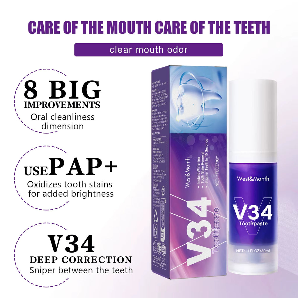 V34 Teeth Whitening Toothpaste – Stain Remover for Yellow Teeth & Fresh Breath