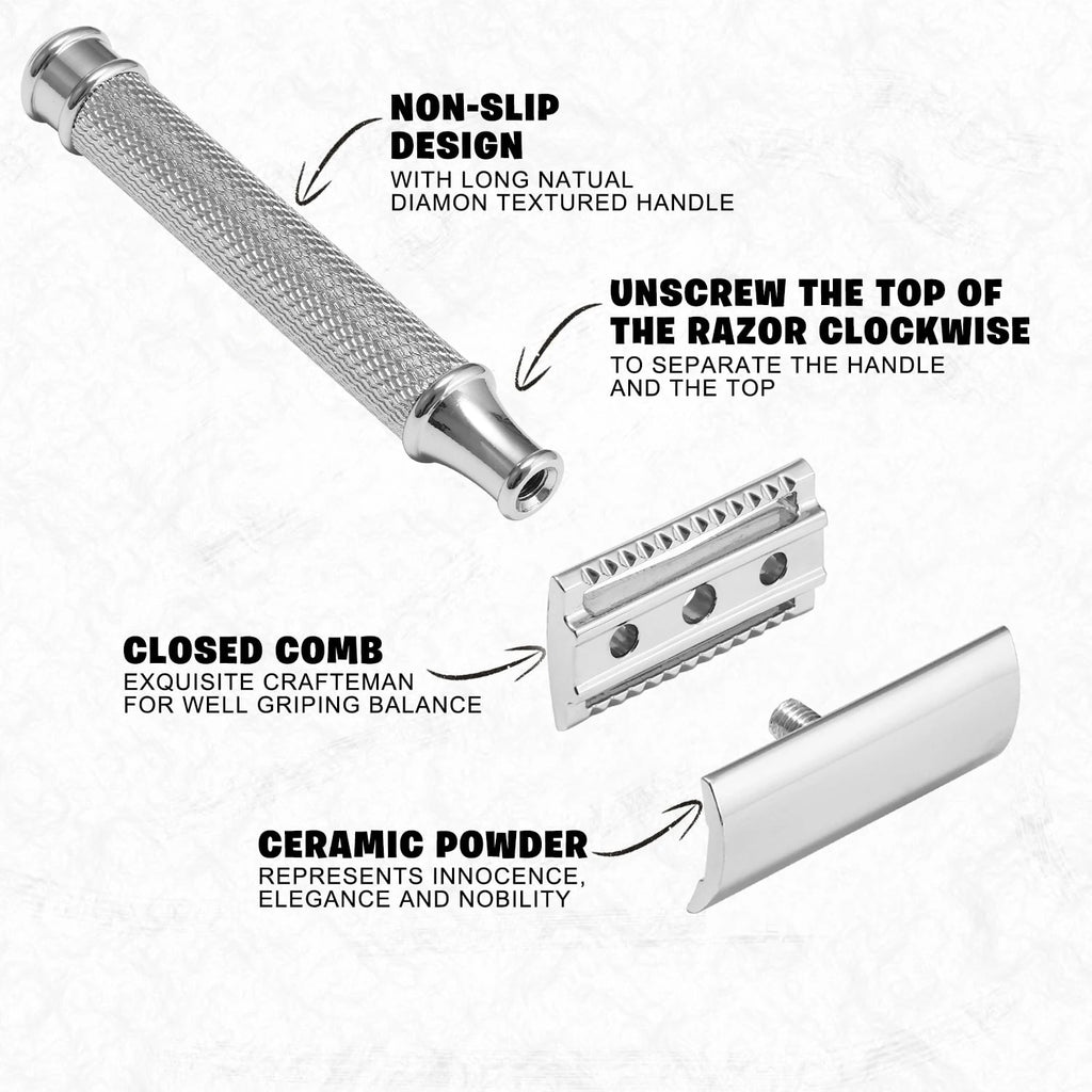 Premium Single Blade Safety Razors, Double Edge Razor Blade, Shaving Razors for Men with Razor Stand and 5 Platinum Blades