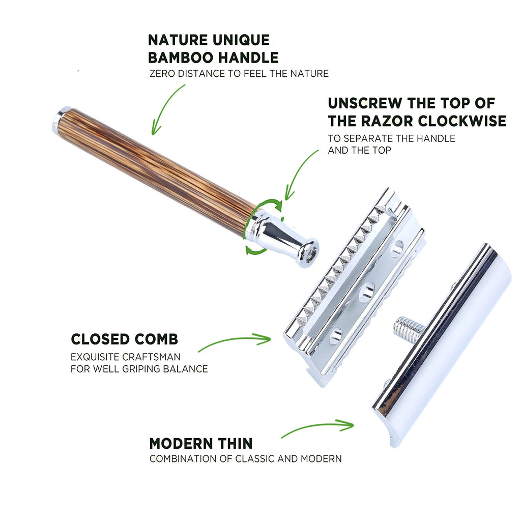 Men Safety Shaving Razor Natural Bamboo Handle Double Edge Comb Head Classic Manual Shaver Classic Mens Shaving Blade Set