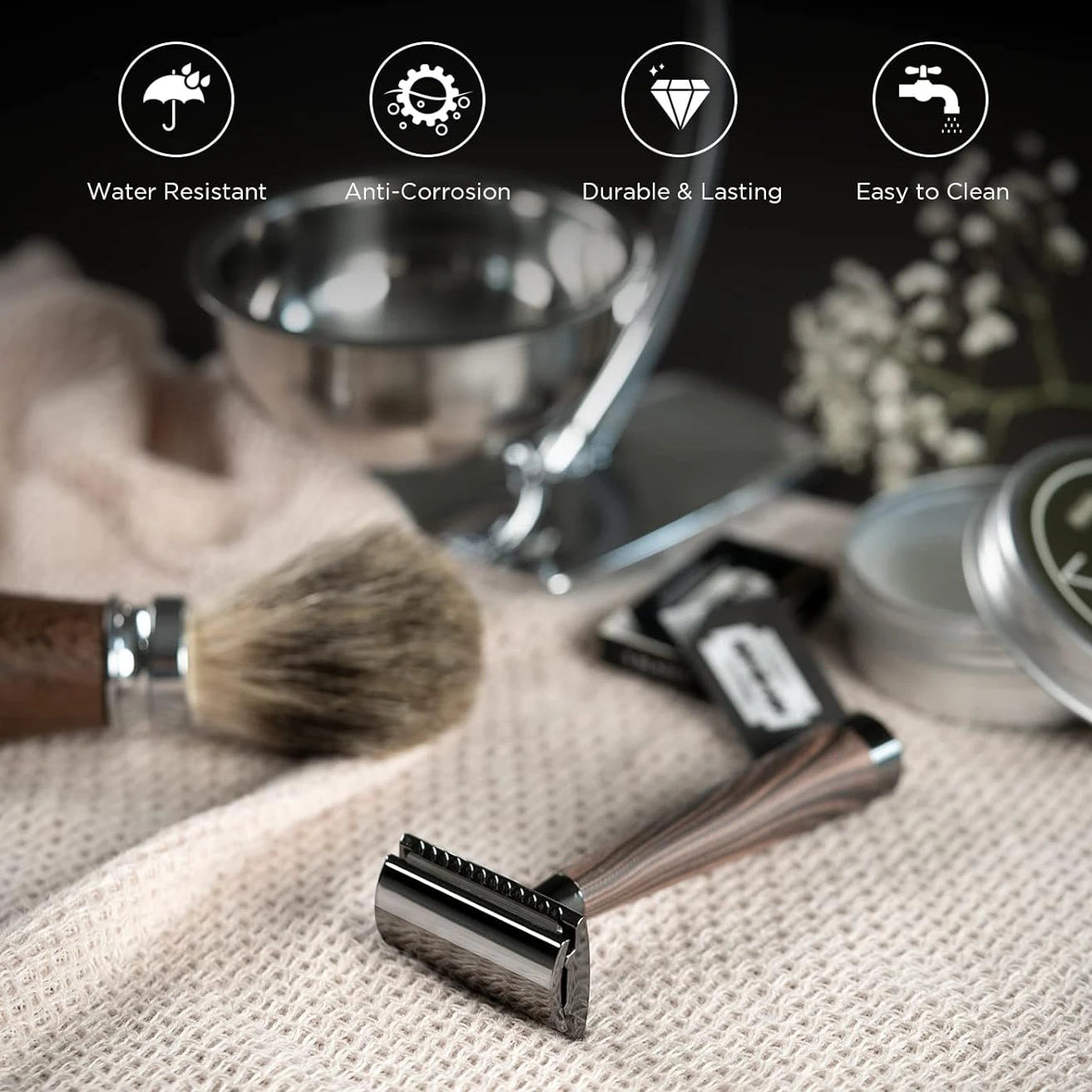 Double Edge Safety Razor, Zinc Alloy Handle Razor with 5 Swiss Stainless Steel Blades, Heavy Duty Eco-Friendly Razor F