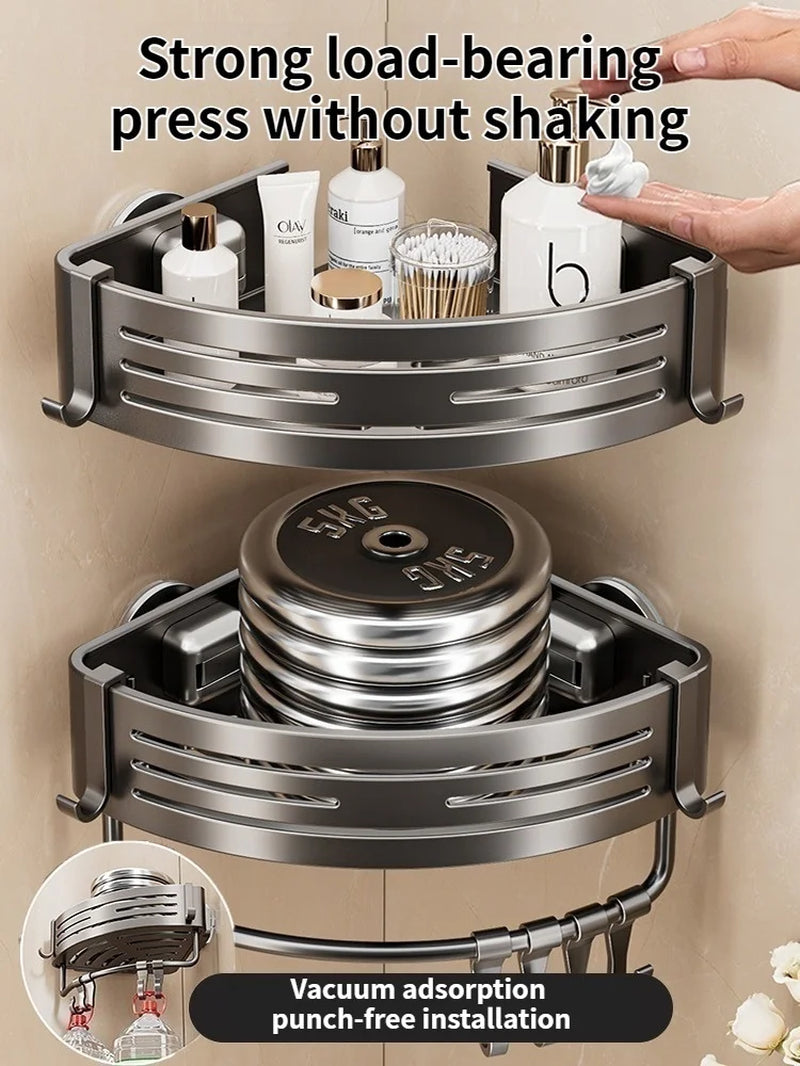 No-Drill Corner Shower Shelf – Suction Cup Aluminum Bathroom Organizer