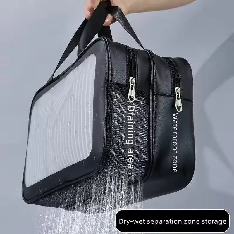 Double Layer Transparent PU Makeup Bag – Dry & Wet Separation Travel Organizer