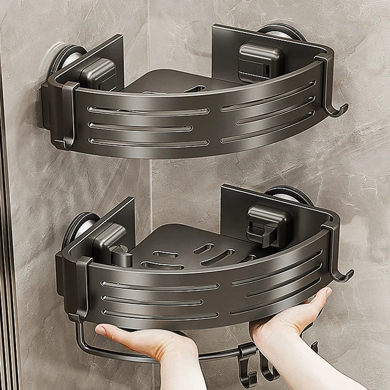 No-Drill Corner Shower Shelf – Suction Cup Aluminum Bathroom Organizer