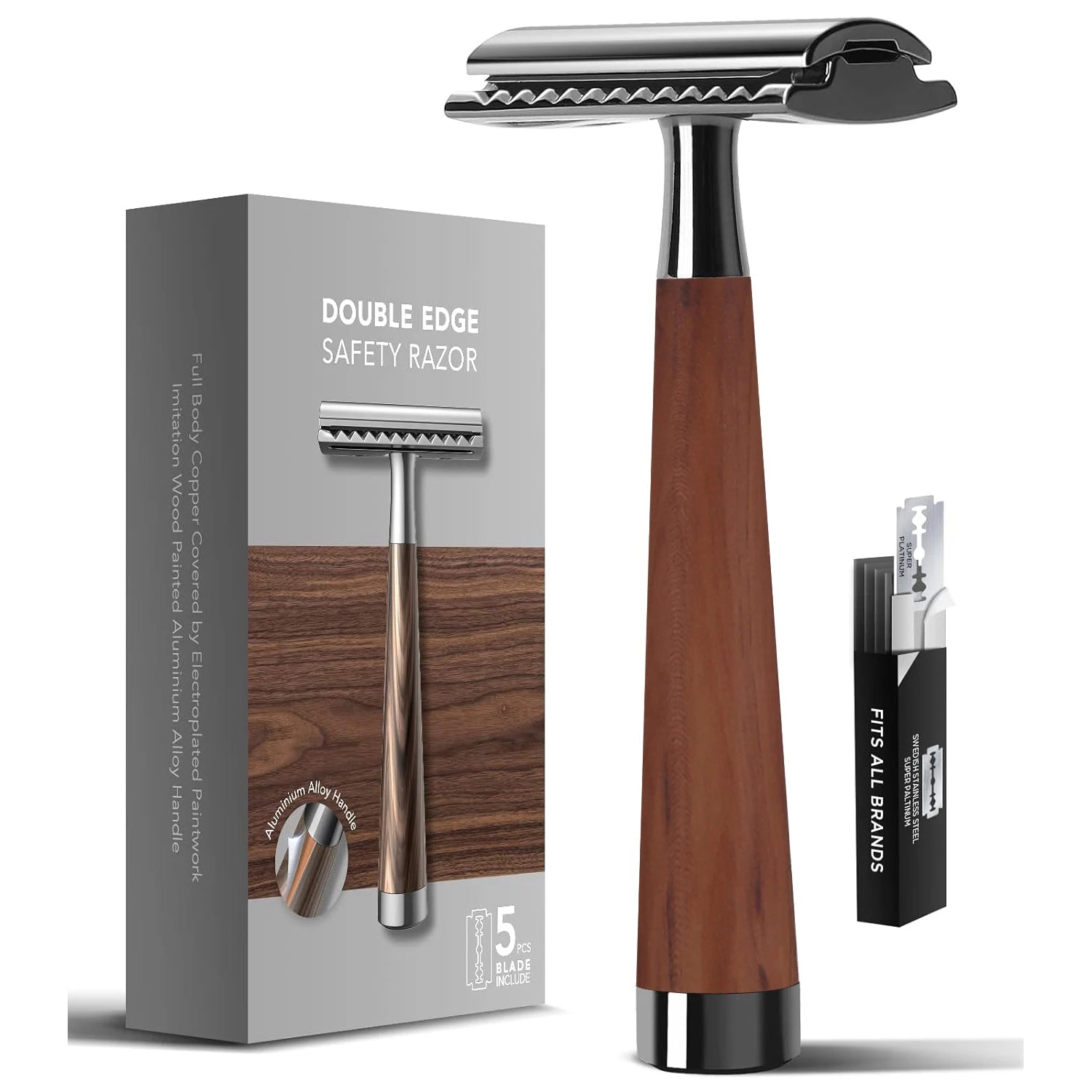 Double Edge Safety Razor, Zinc Alloy Handle Razor with 5 Swiss Stainless Steel Blades, Heavy Duty Eco-Friendly Razor F
