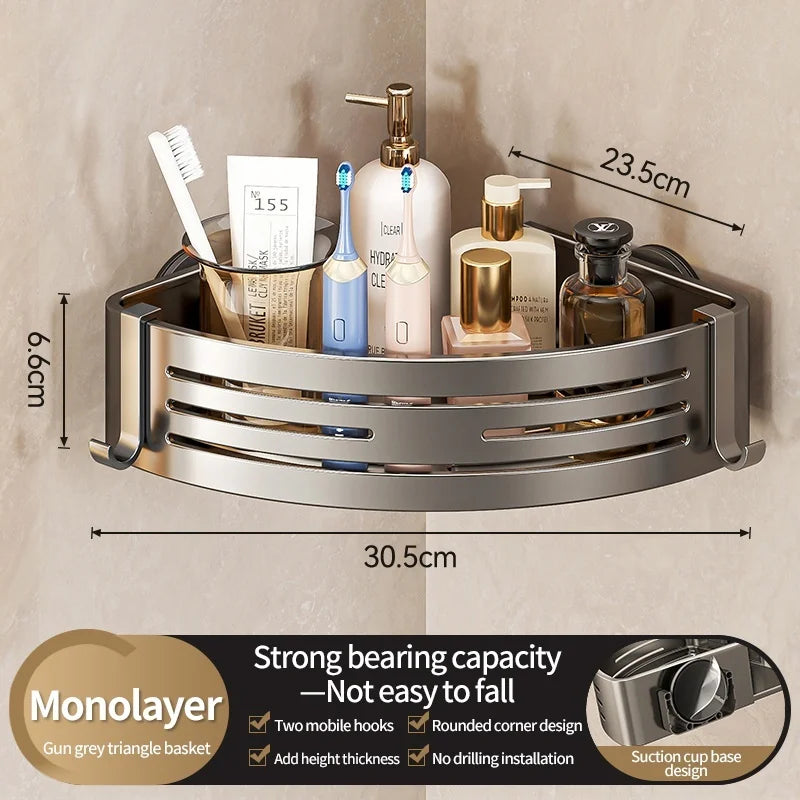 No-Drill Corner Shower Shelf – Suction Cup Aluminum Bathroom Organizer