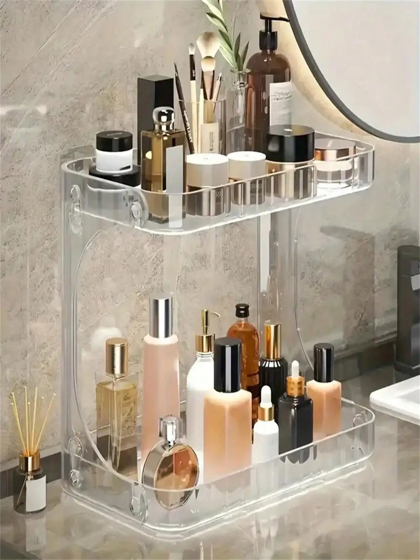 2-Tier Transparent Desktop Cosmetic Organizer with Wheels