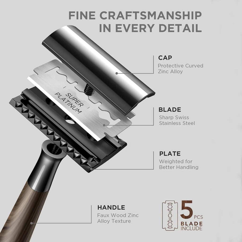 Double Edge Safety Razor, Zinc Alloy Handle Razor with 5 Swiss Stainless Steel Blades, Heavy Duty Eco-Friendly Razor F
