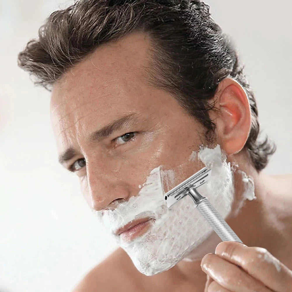Premium Single Blade Safety Razors, Double Edge Razor Blade, Shaving Razors for Men with Razor Stand and 5 Platinum Blades