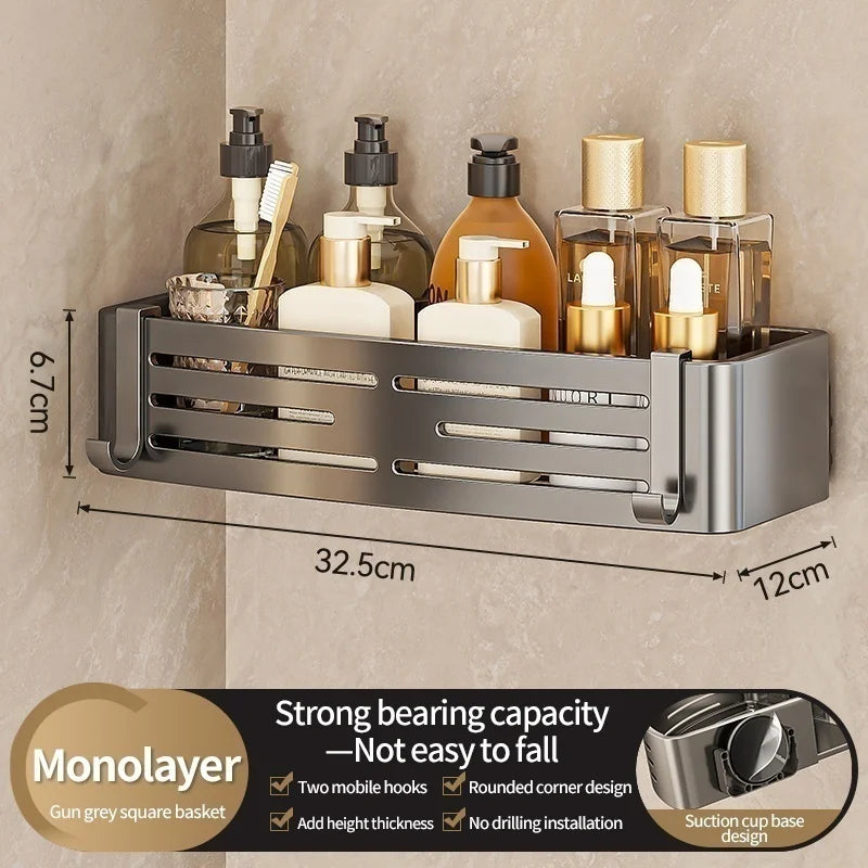 No-Drill Corner Shower Shelf – Suction Cup Aluminum Bathroom Organizer