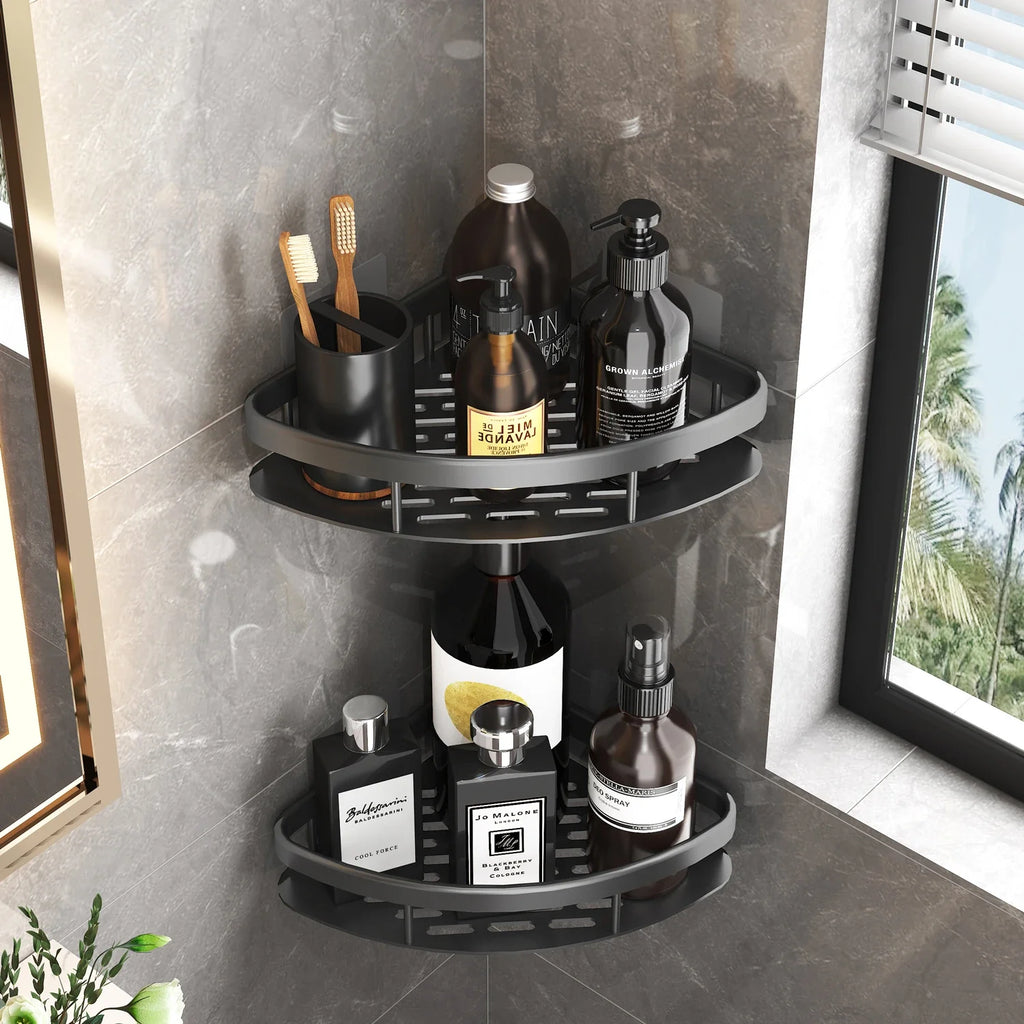 No-Drill Corner Shower Shelf – Wall Mounted Bathroom Storage Rack