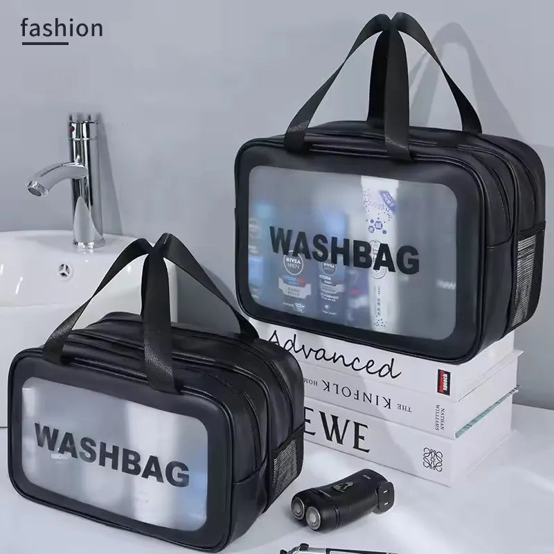 Double Layer Transparent PU Makeup Bag – Dry & Wet Separation Travel Organizer