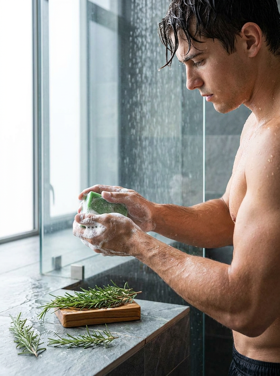Rosemary shampoo bar in use with rich foam