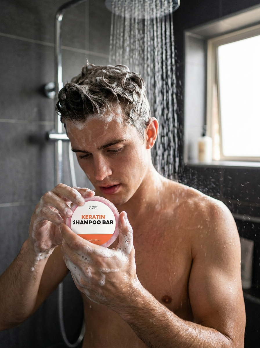 Keratin shampoo bar in use with rich foam