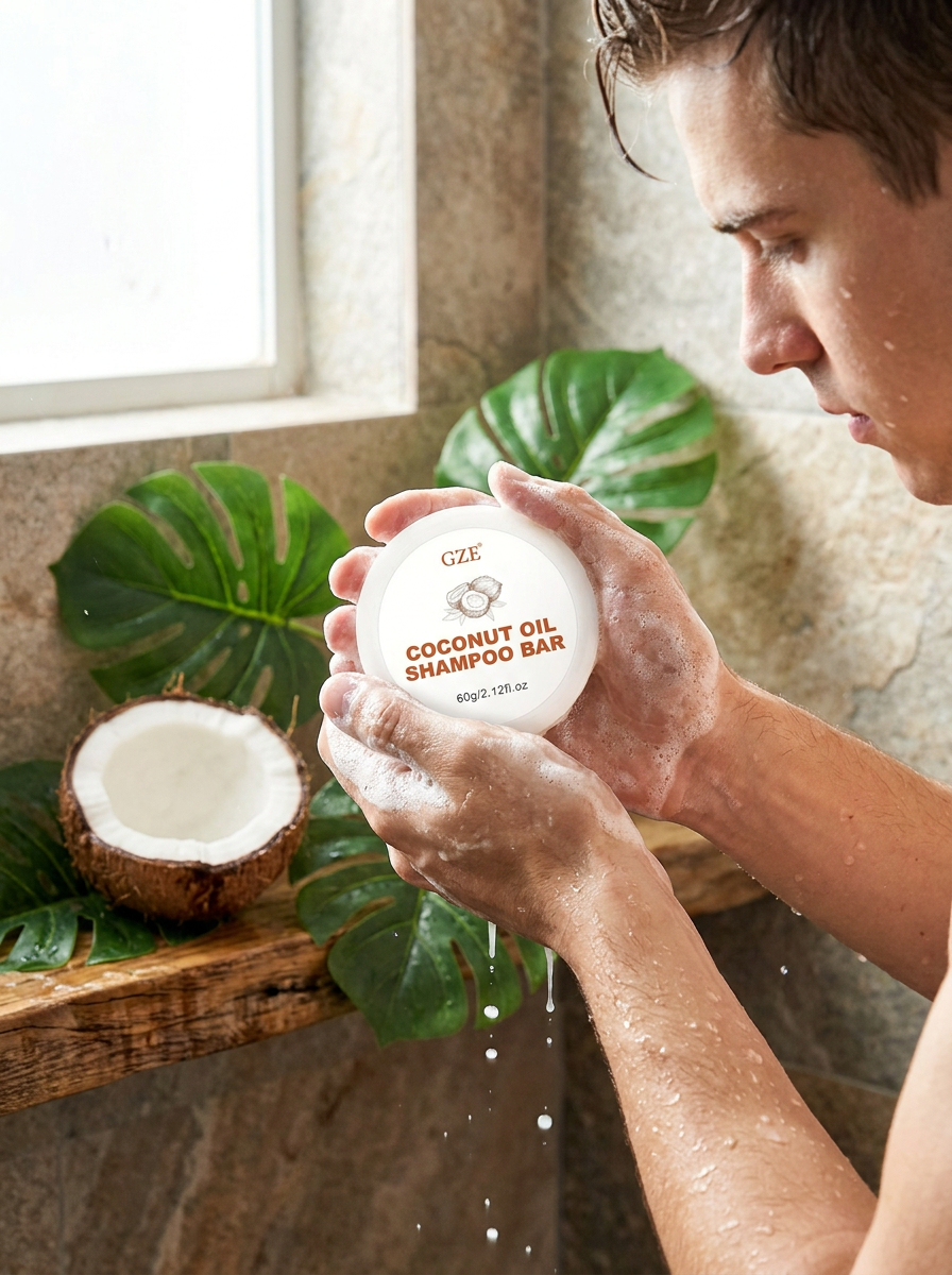 Man lathering coconut oil shampoo bar in the shower