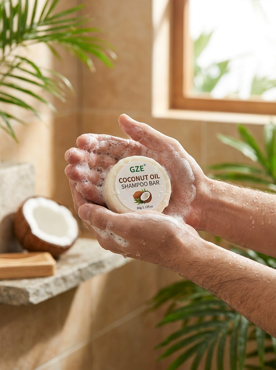 Coconut oil shampoo bar in use with creamy foam