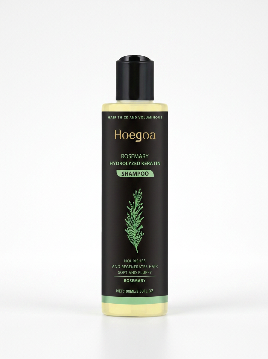 Rosemary shampoo bottle on white background, angled view