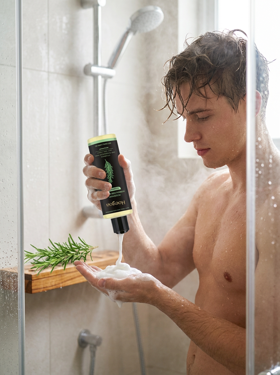 Rosemary shampoo lathered in a man's hair