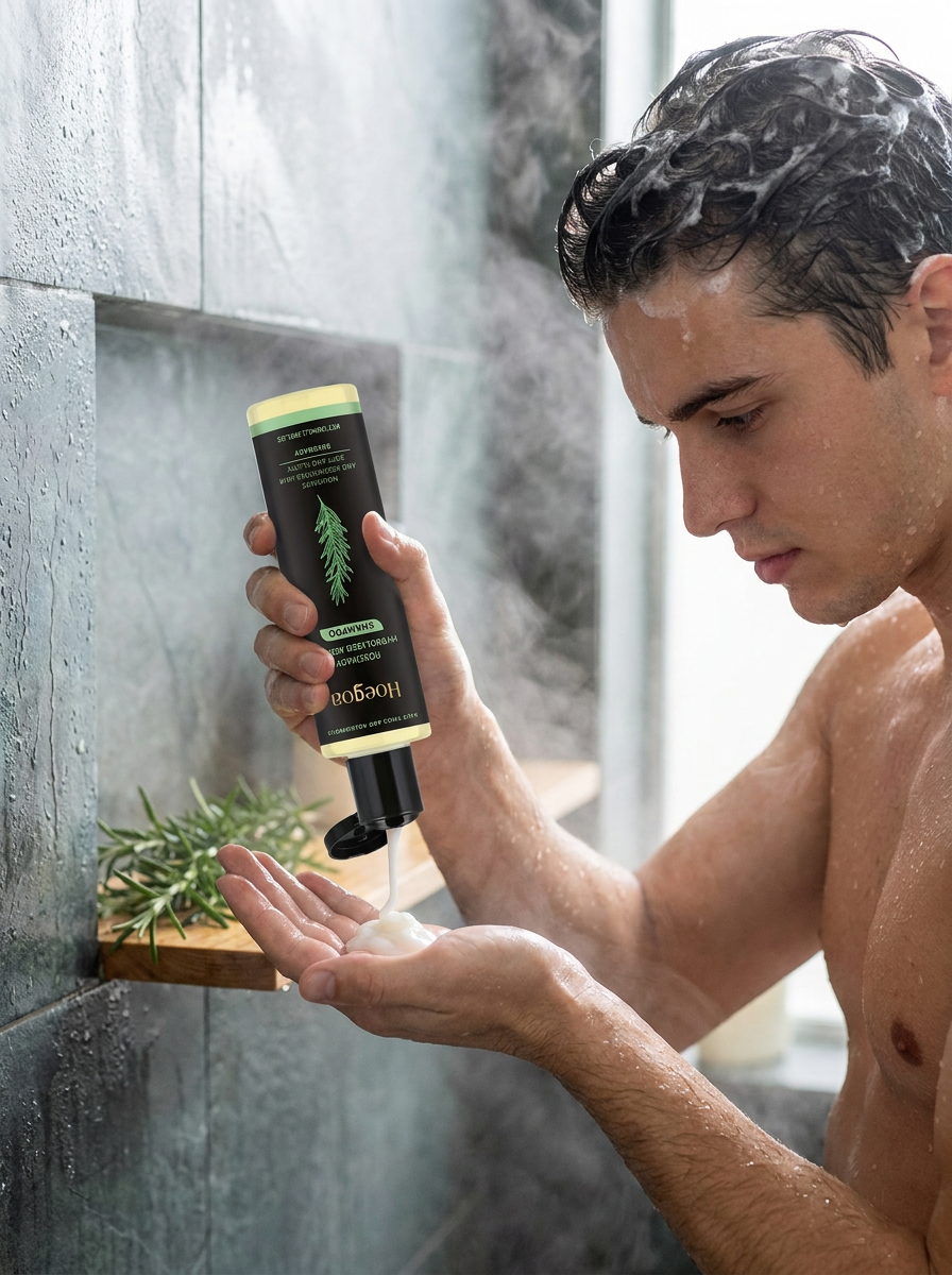 Man using rosemary shampoo in the shower