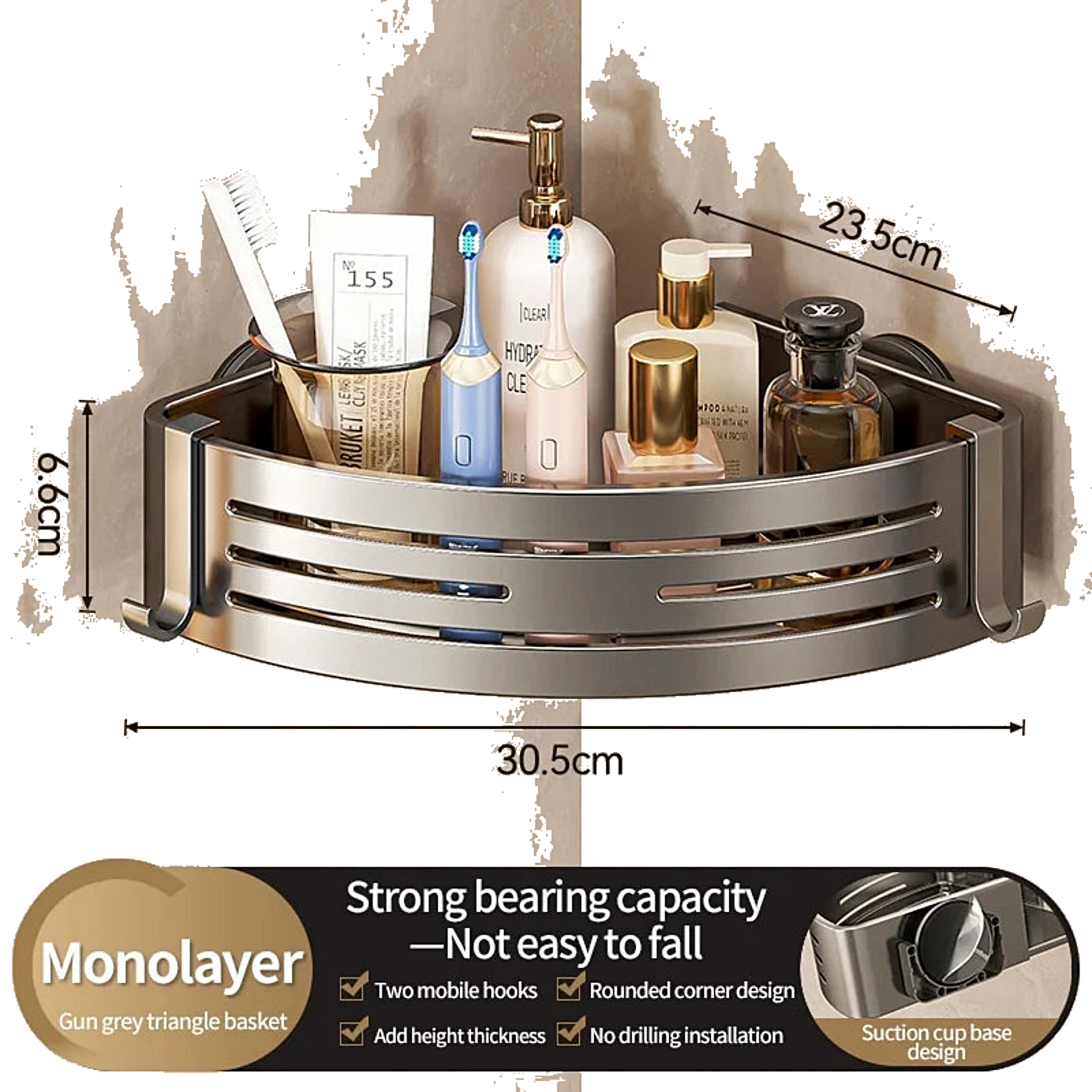 No-Drill Corner Shower Shelf – Suction Cup Aluminum Bathroom Organizer