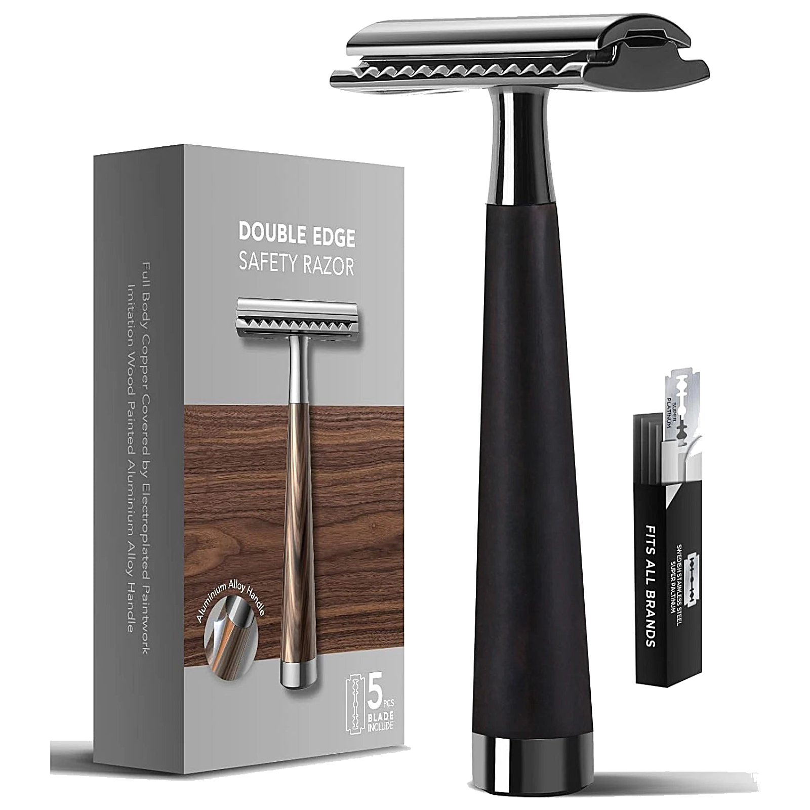 Double Edge Safety Razor – Zinc Alloy, 5 Swiss Blades